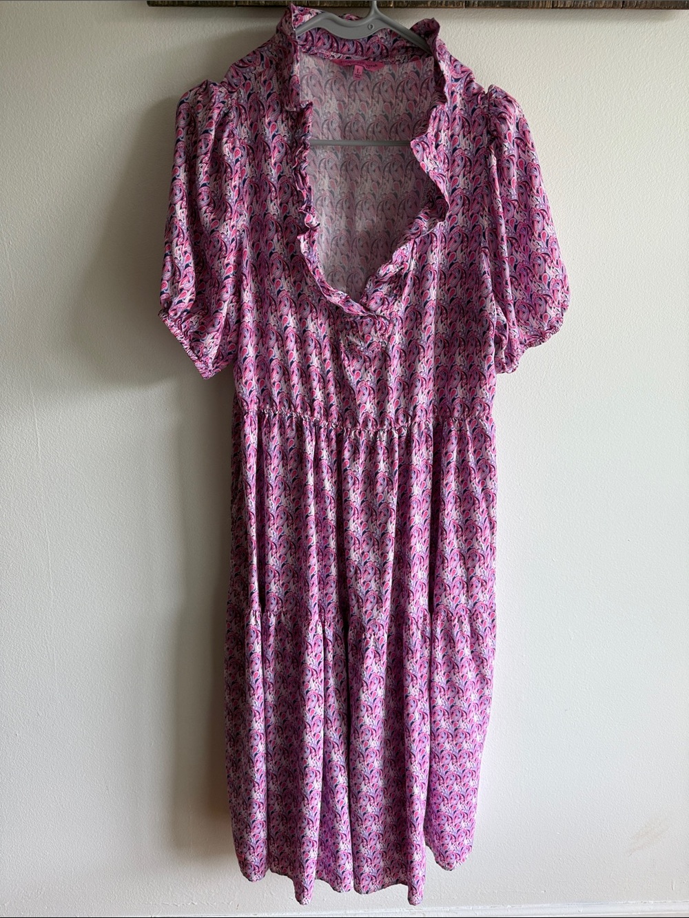 Simply Southern Pink Floral Ruffle V-Neck Midi Dress